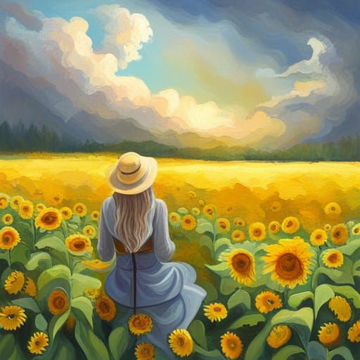 Woman Praying in Sunflower Field: Gouache Painting