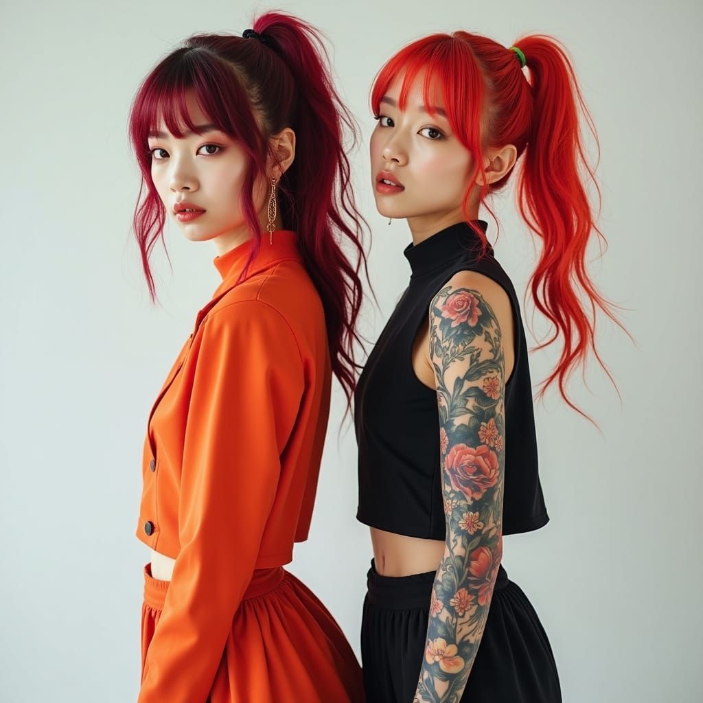 Twin Asian Sisters with Tattoos in Modern Studio