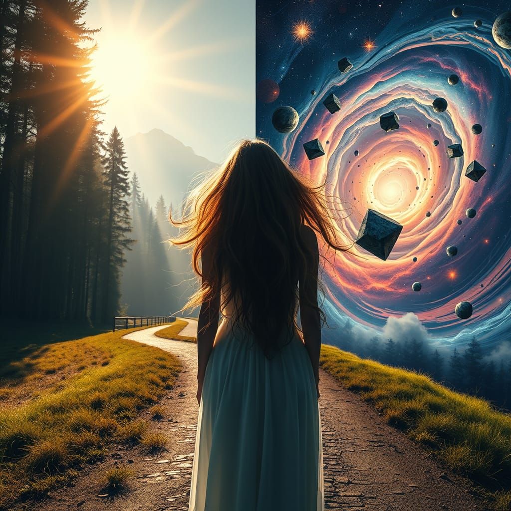 Woman at Crossroads: Reality vs. Surreal Cosmic Landscape