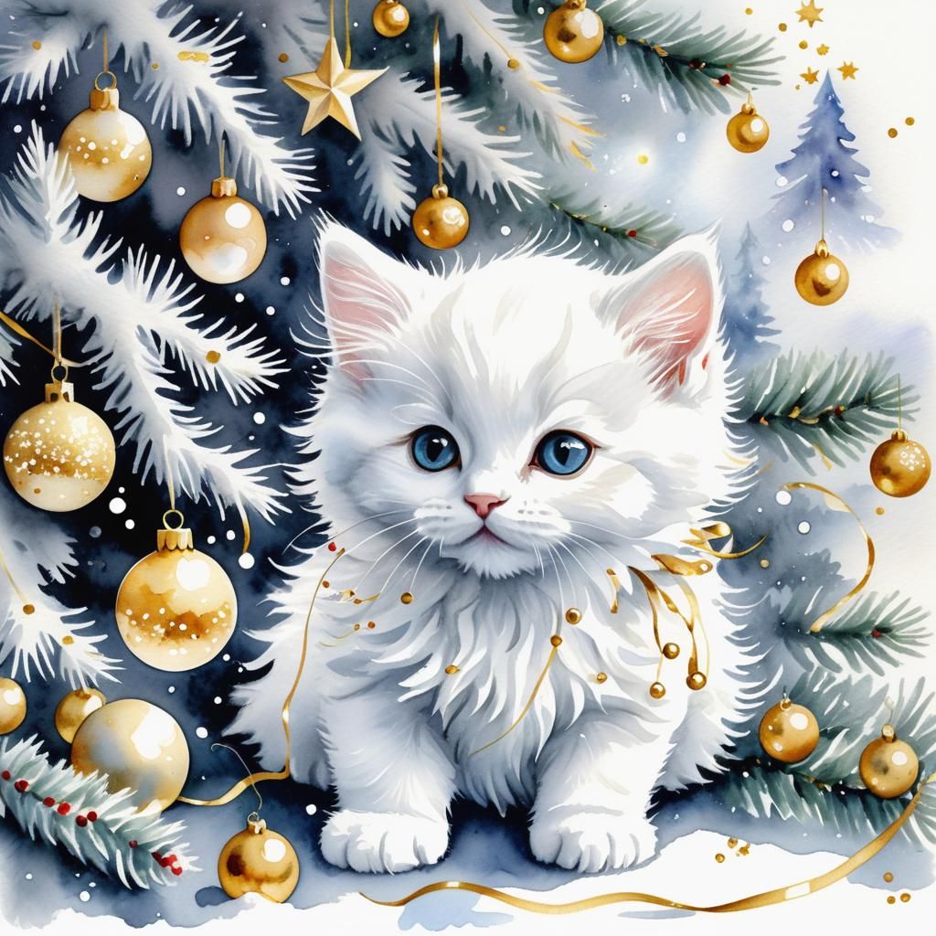 Whimsical White Kitten in a Snowy Christmas Wonderland