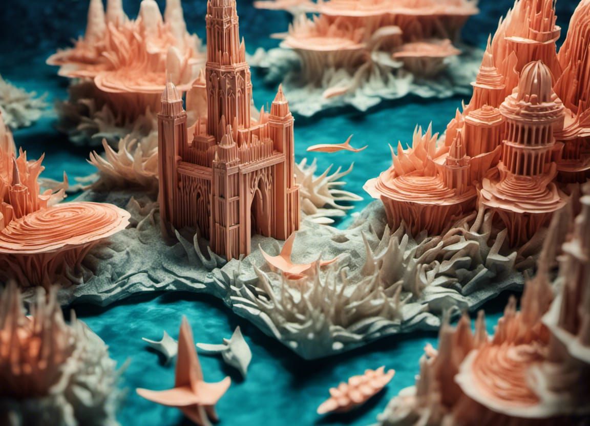 Underwater Atlantis City in Origami Papercraft Style