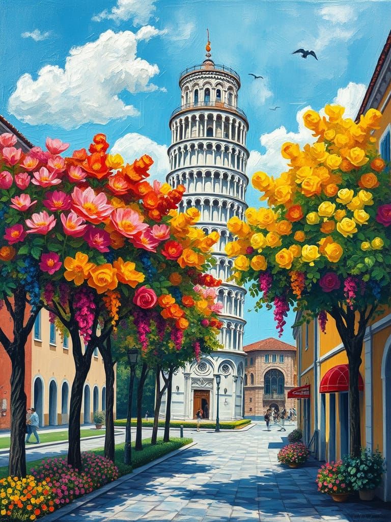 Colorful Pisa, Italy: Tower in Neo-Impressionist Style