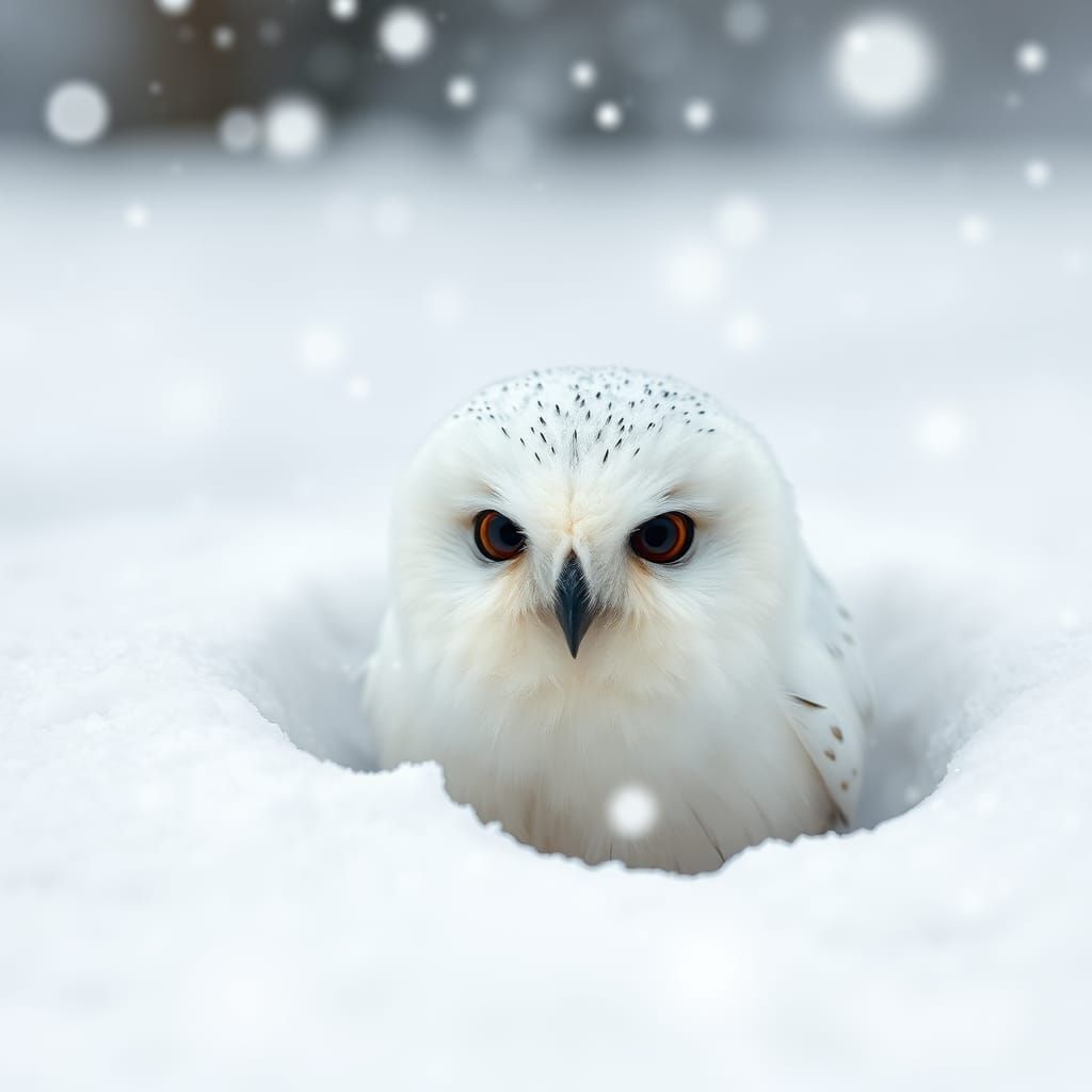 Miniature Snowy Owl in Blizzard, Hyperrealistic Wildlife Pho...