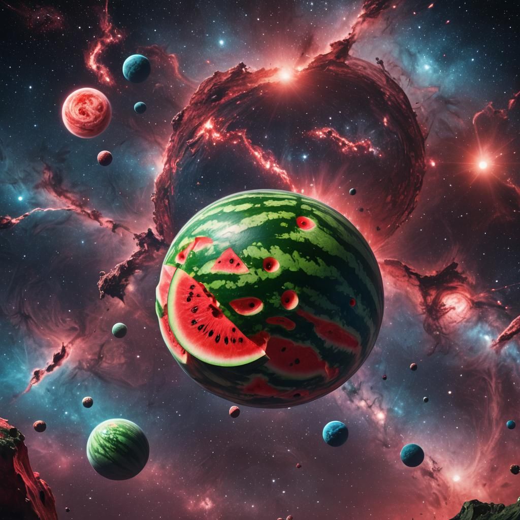 Watermelon Galaxy Orbiting Jupiter: Detailed Matte Painting