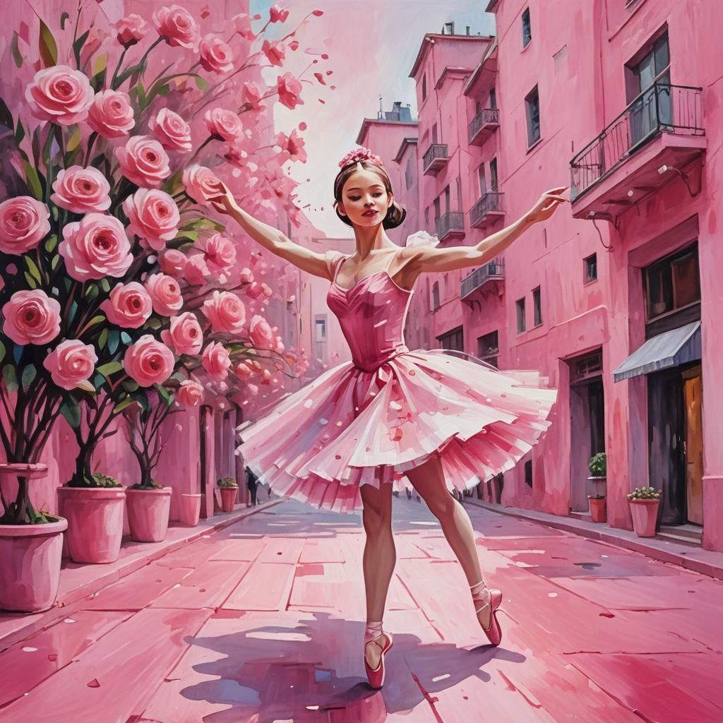 Pink Ballerina Dances in a Gouache City