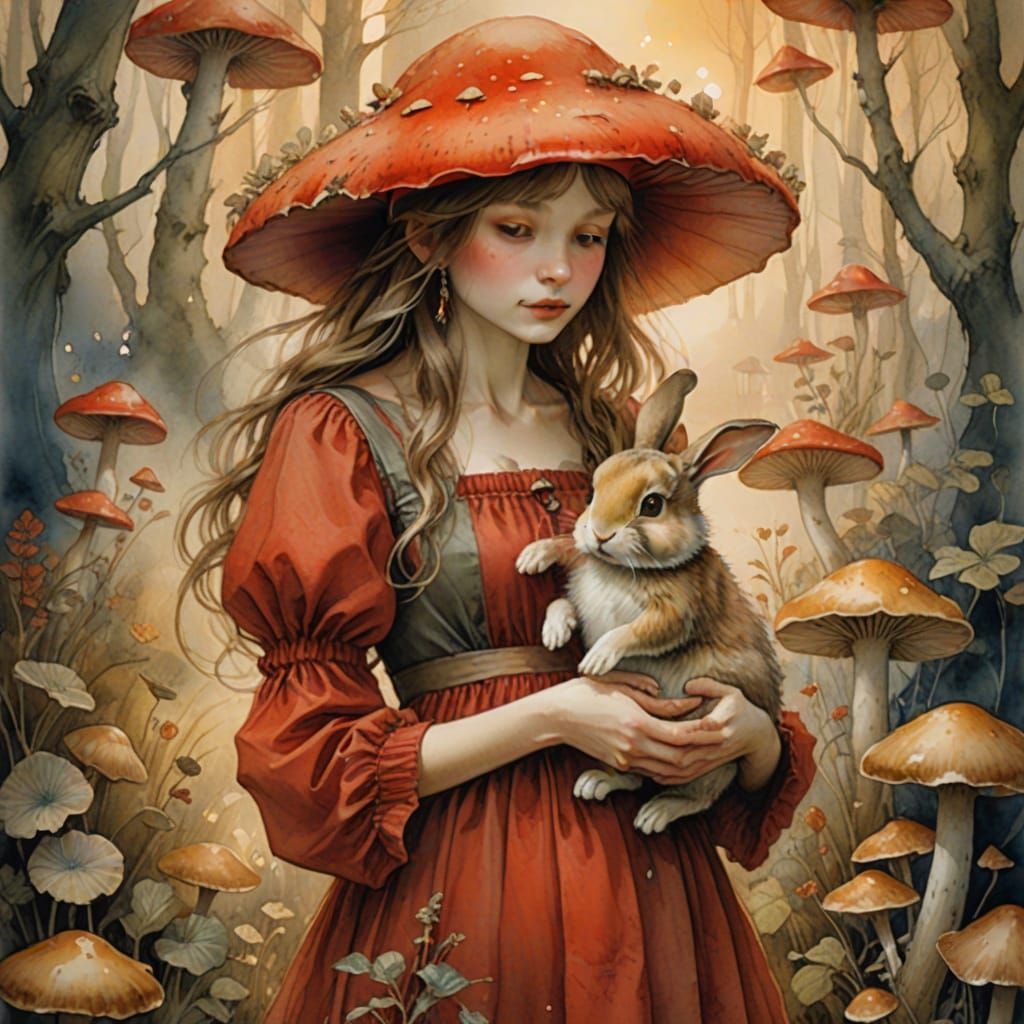 Whimsical Fantasy Girl in Red Mushroom Hat and Dress Holding...