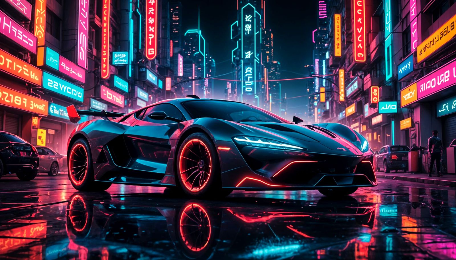 Futuristic Hovering Sports Car in Neon Cityscape