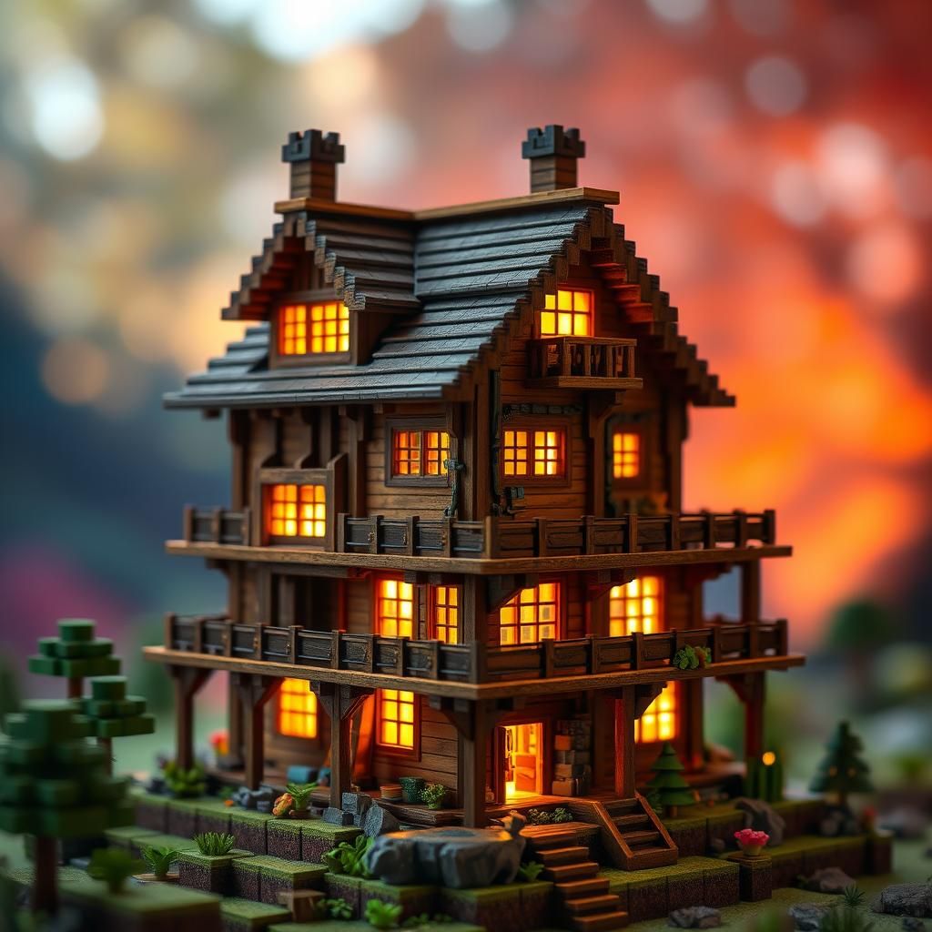 Detailed Multistory Minecraft Wooden House with Warm Lightin...