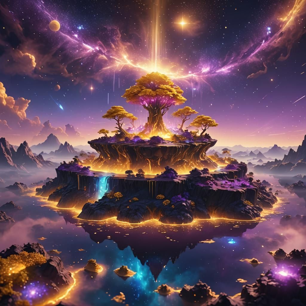 Bioluminescent Golden Island in Nebula: 3D Anime Art