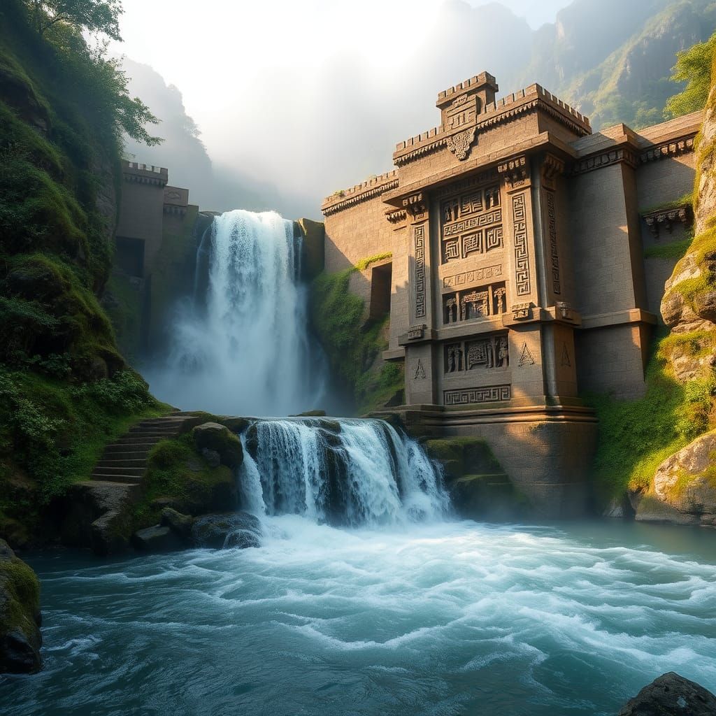 Majestic Inca Stone Structure Controls Waterfall