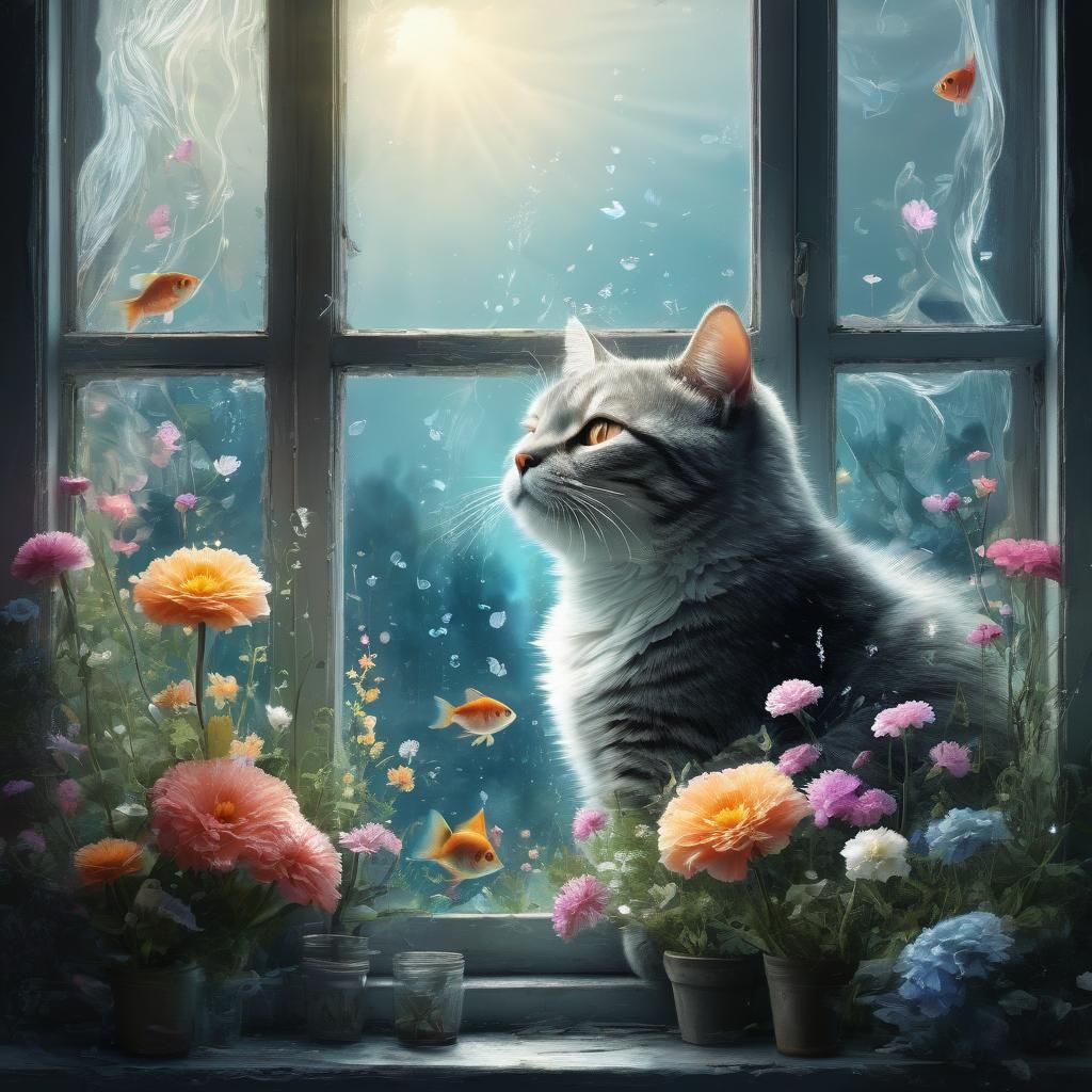 Dreaming Cat with Fish: Double Exposure Fantasy Art