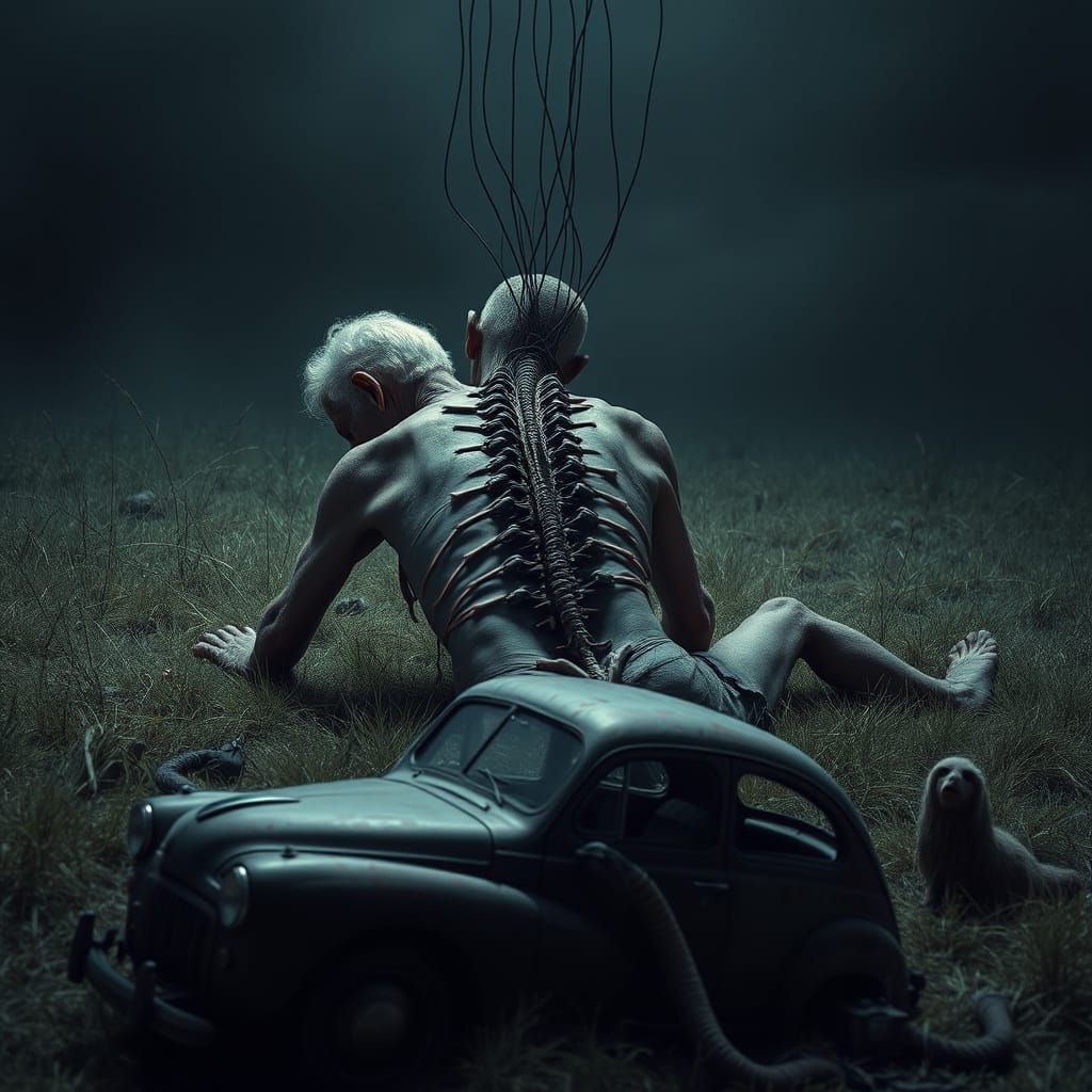 Eerily Lit Decaying Man on Grassland: Giger Aesthetic