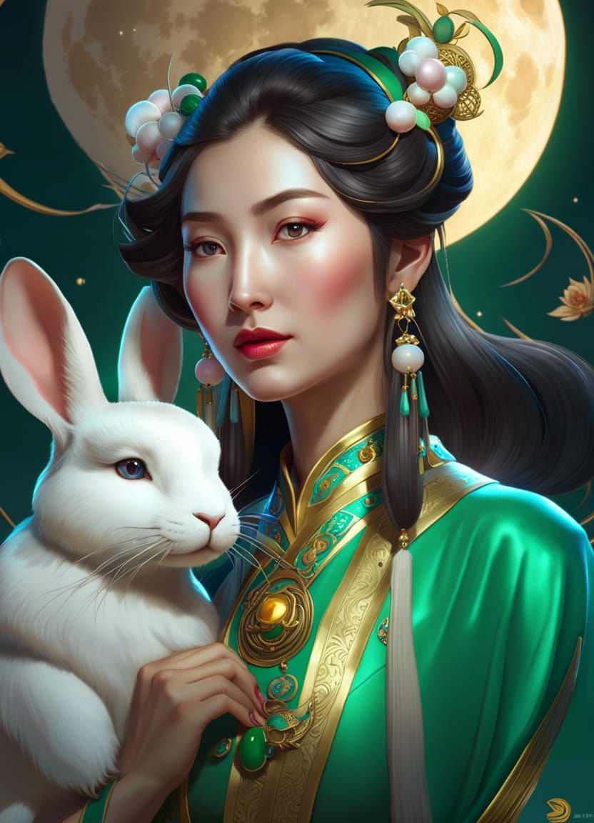 Chang'e and Jade Rabbit on the Moon: Art Nouveau