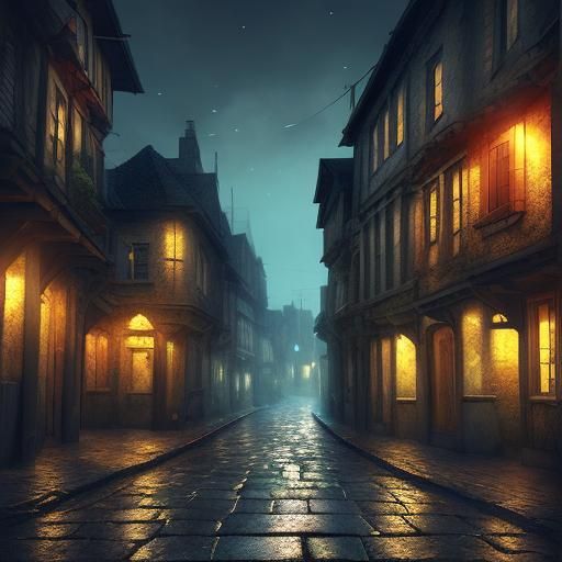 Deserted Medieval Street at Night in Manga Style
