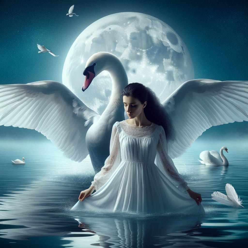 Woman Transforms into Swan in Moonlit Lake