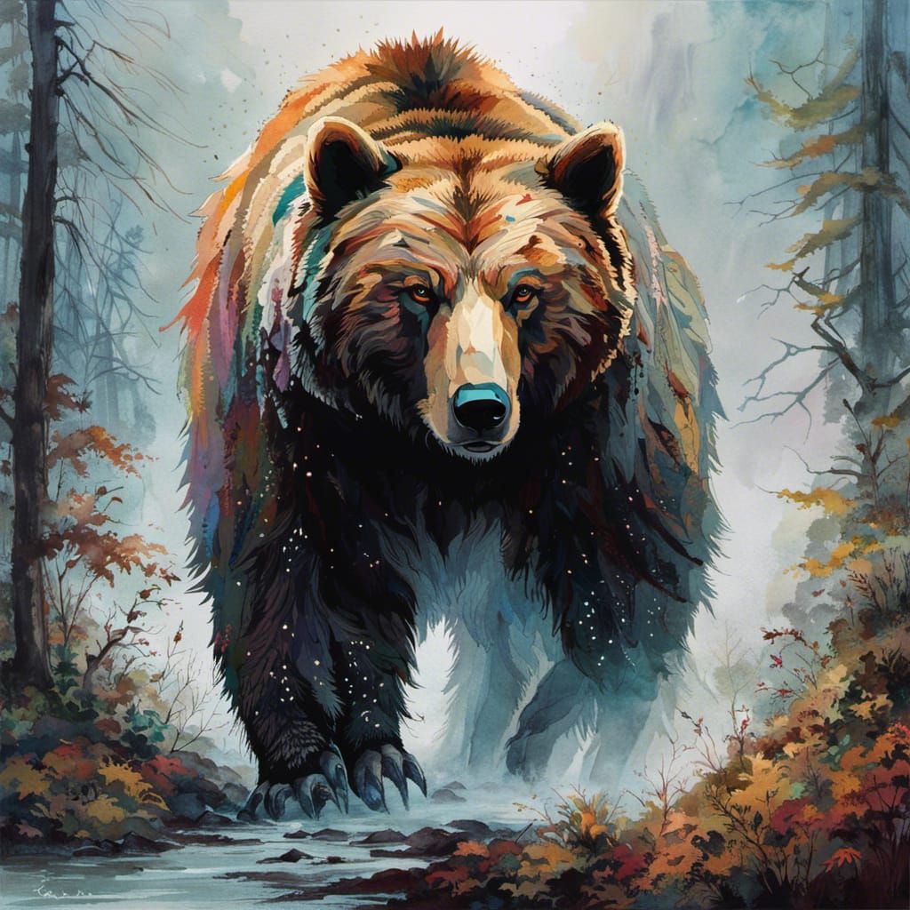 Anime Bear in Foggy Woods: Detailed Panorama