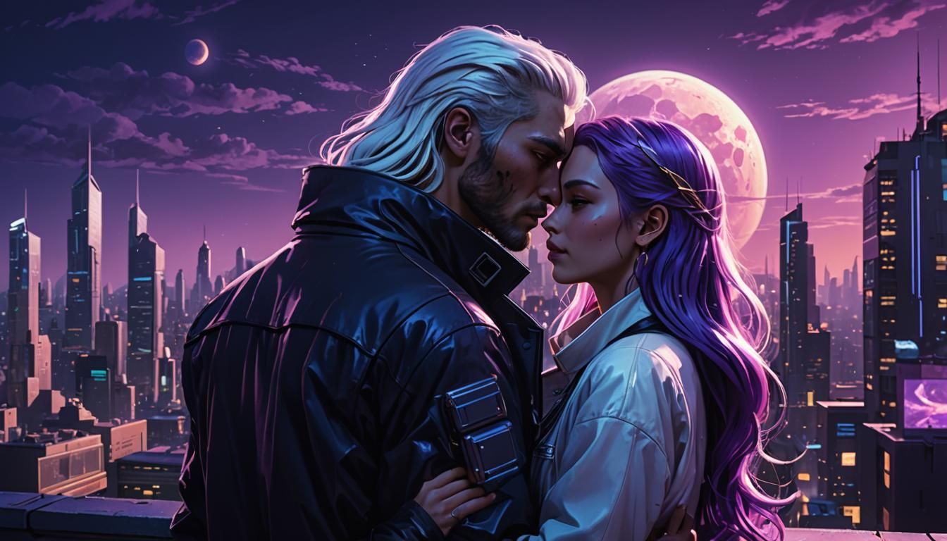 Cyberpunk Couple Embrace Under Neon Moon