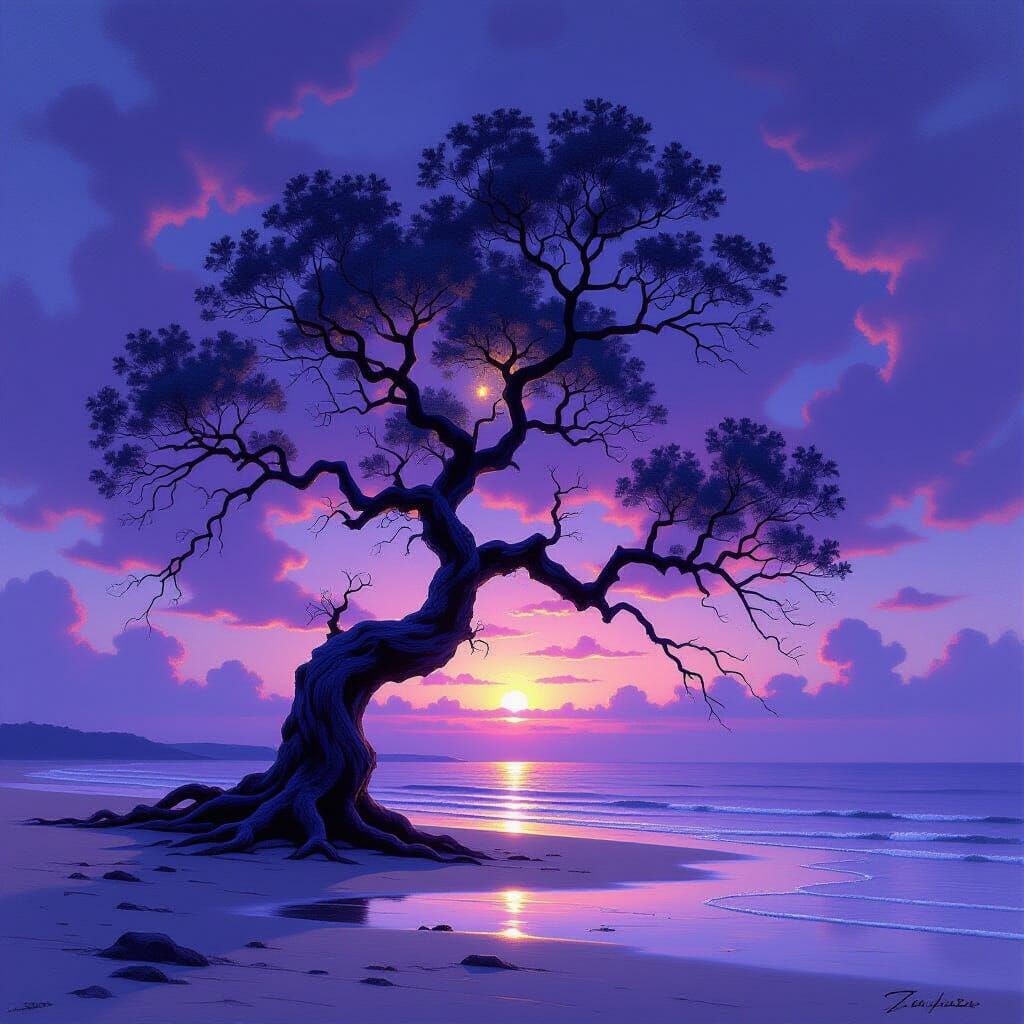Ancient Tree on Beach at Twilight, Impressionistic Sky