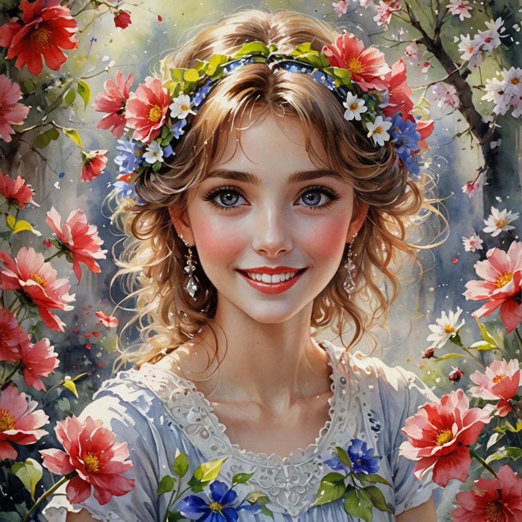 Beautiful Girl Surrounded by Scarlet Flowers in Digital Art