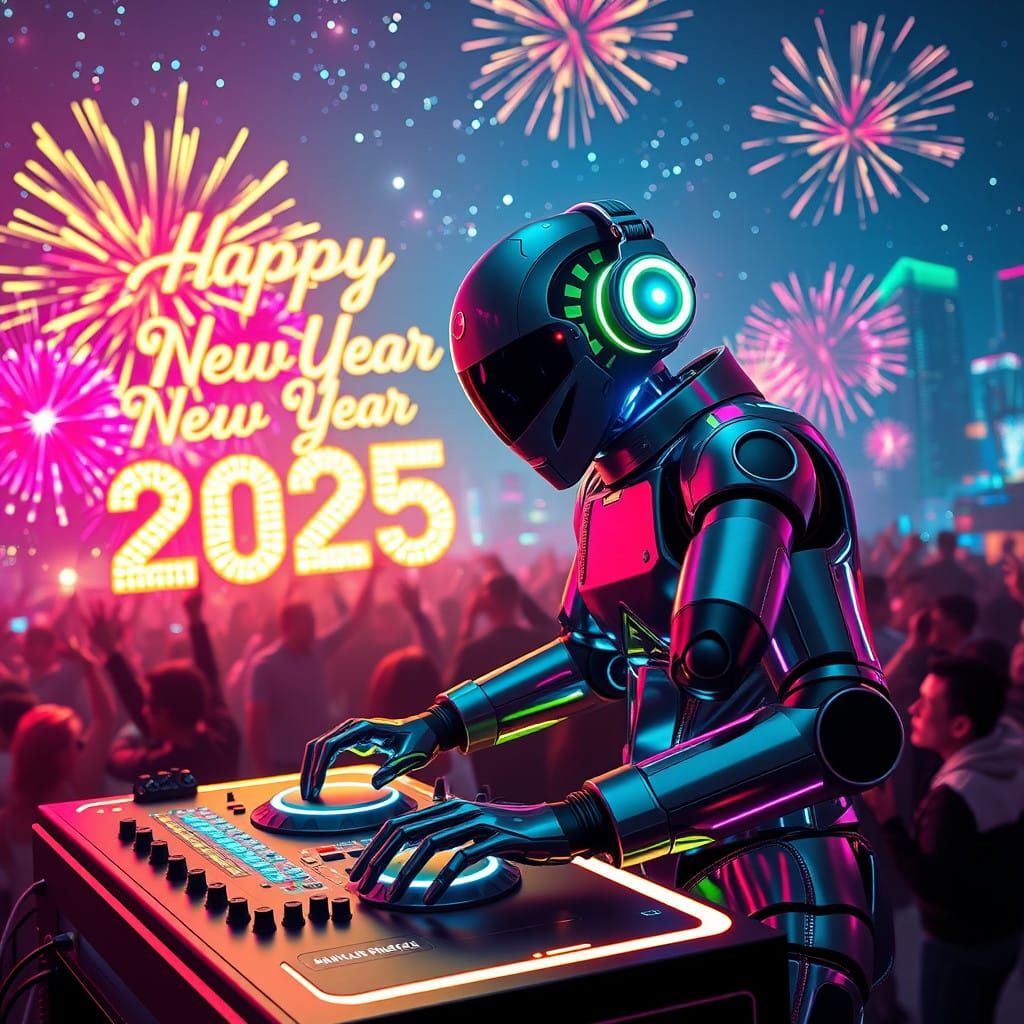 Futuristic Robot DJ Spins Tracks Under Starry Night Sky