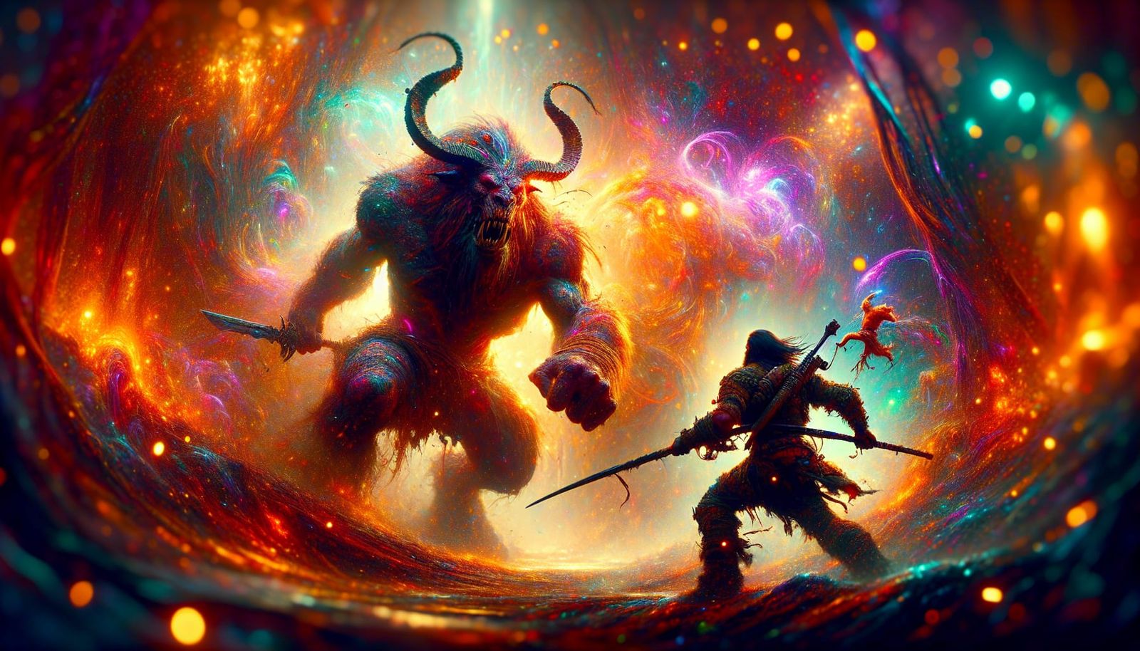 Epic Swineherd vs Troll Battle in Psychedelic Style