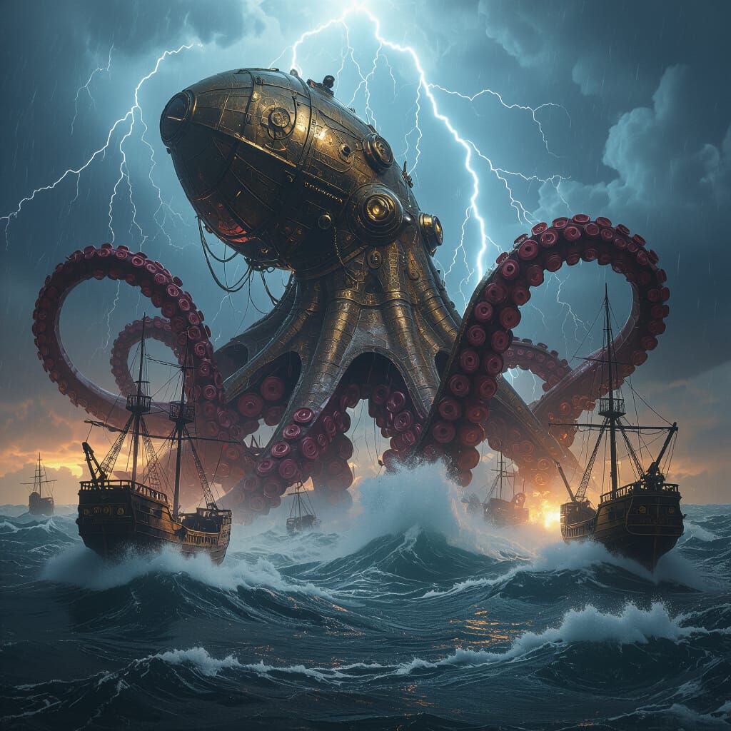 Steampunk Kraken Emerges From Stormy Sea