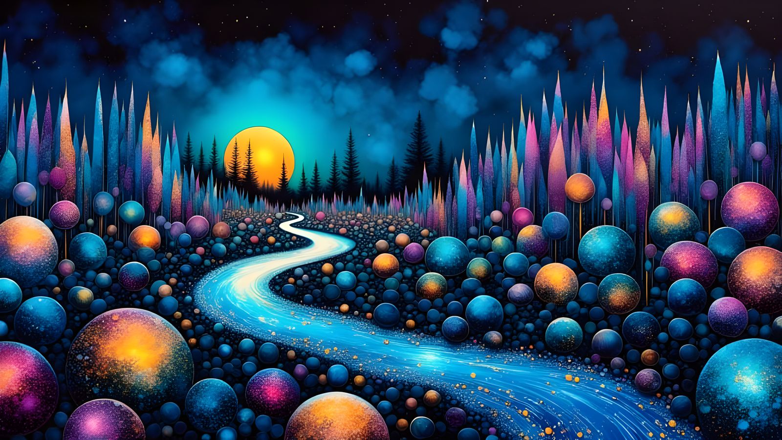 Kinetic Sculpture Garden with Winding River and Cherry Bloss...