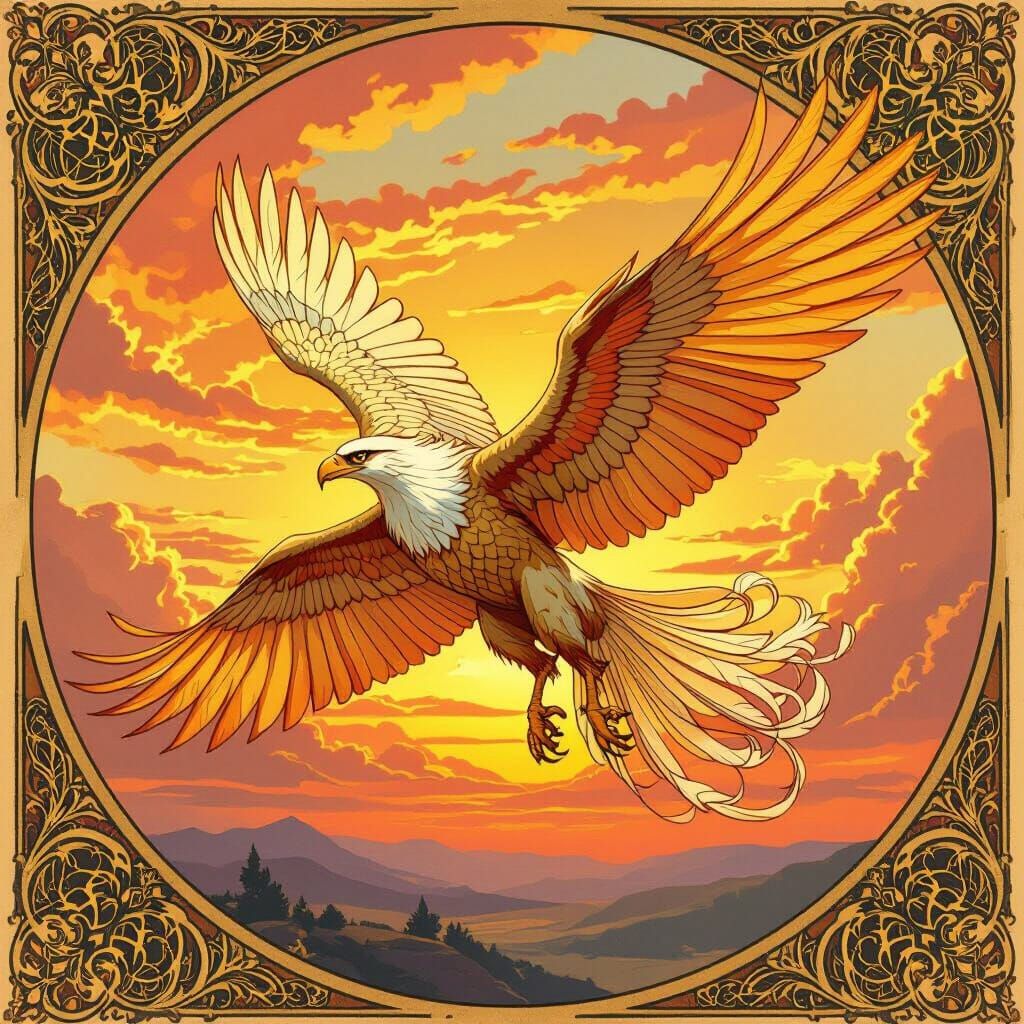 Griffin Soaring at Sunset: Art Nouveau Fantasy