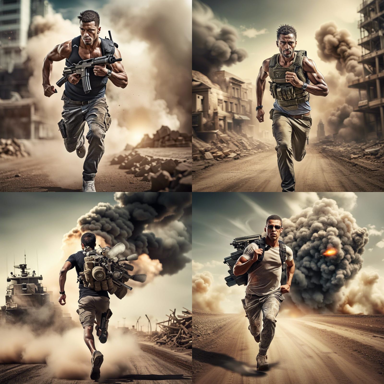 Man Fleeing War Zone with Gun in Hyperrealistic Style