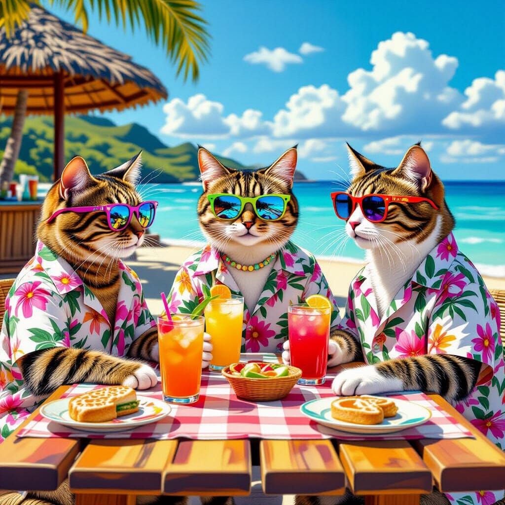 Cats in Hawaiian Shirts Enjoying Beach Picnic