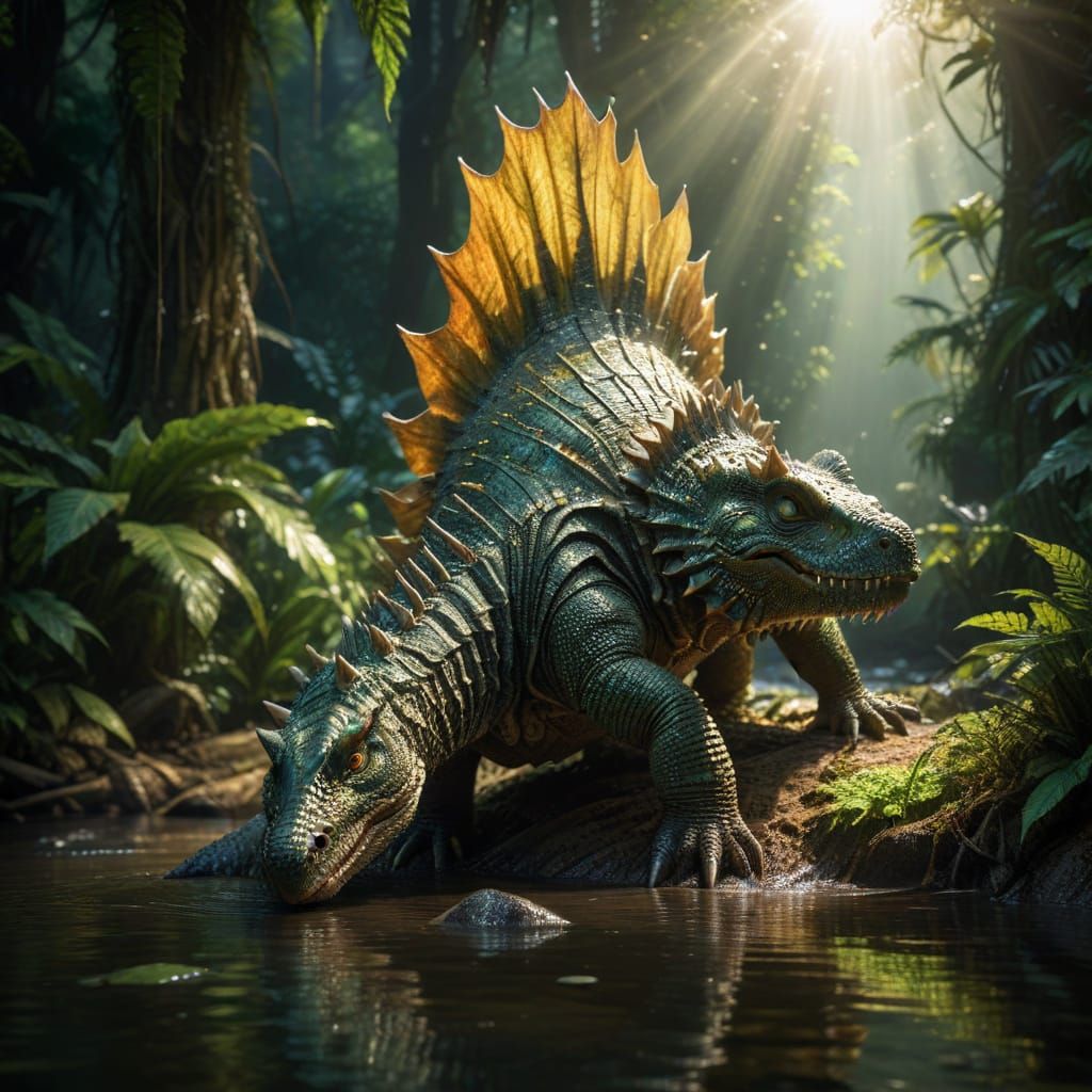 Hyperrealistic Dimetrodon in Tropical Rainforest