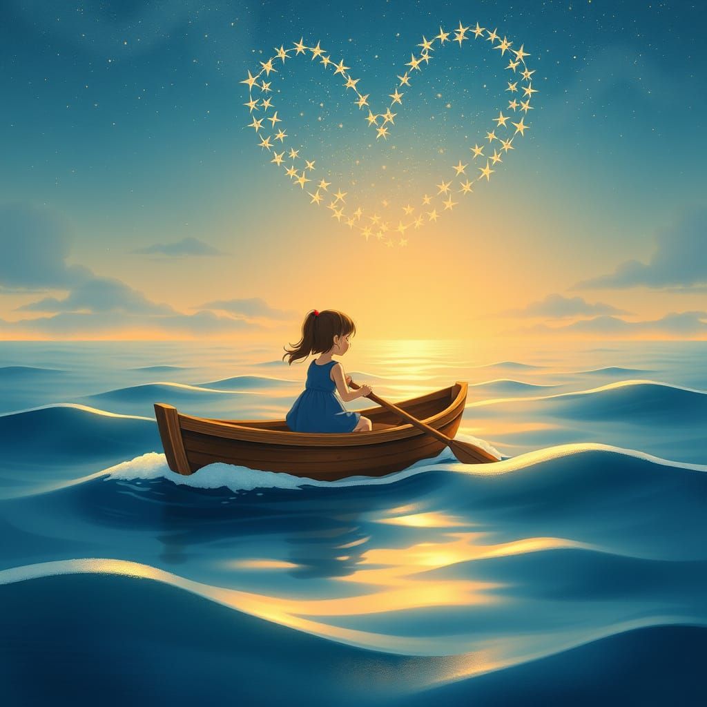 Dreamy Girl Rows Wooden Boat Under Starry Twilight Sea