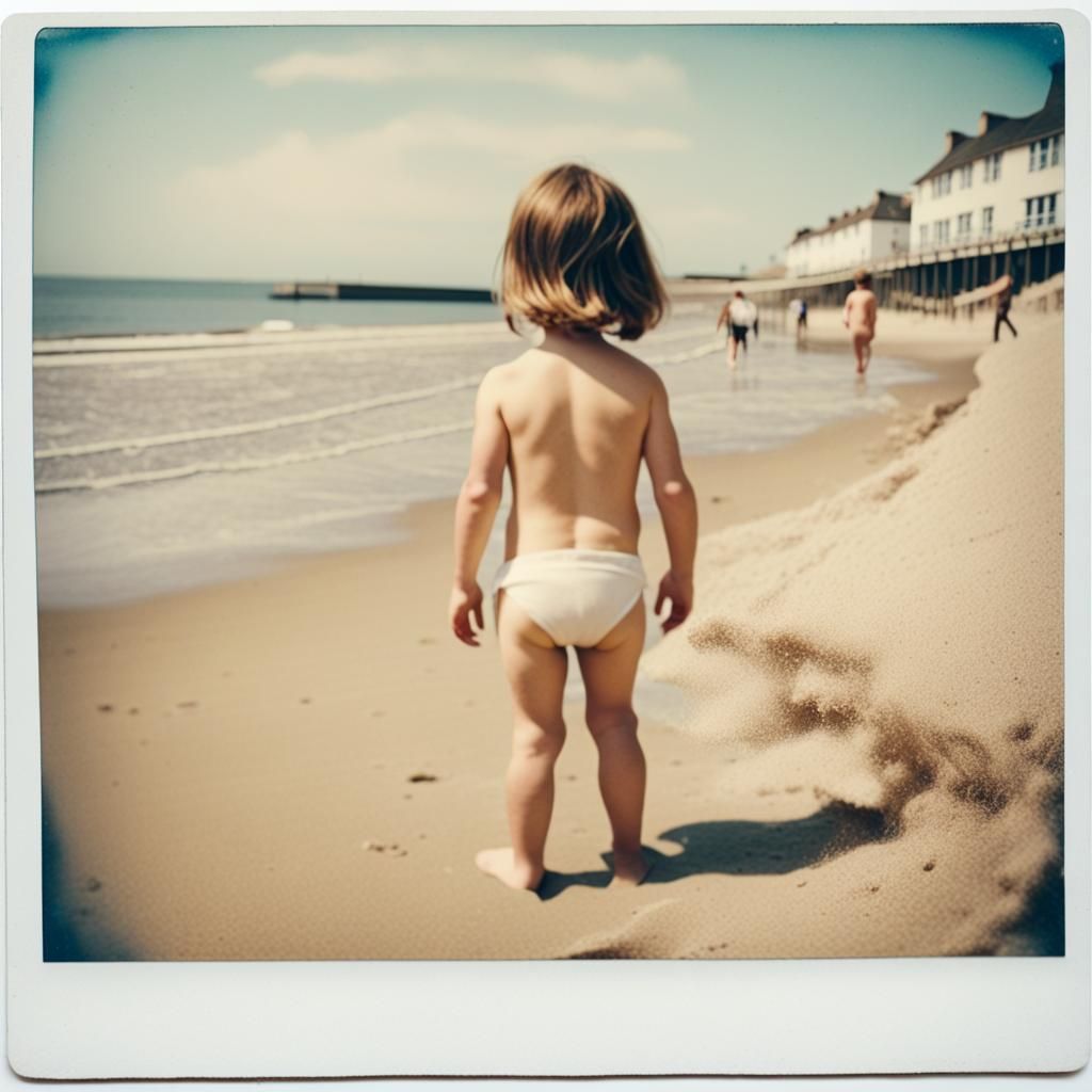 Retro Polaroid of Child on British Beach