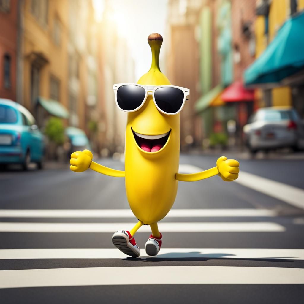 Happy Cartoon Banana Walking Down the Street