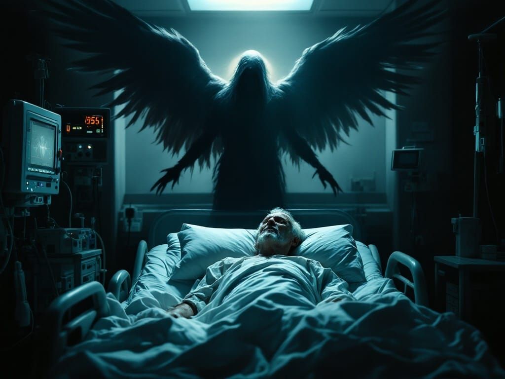 Angel and Grim Reaper Watch Over a Sleeping Man in a Hospita...