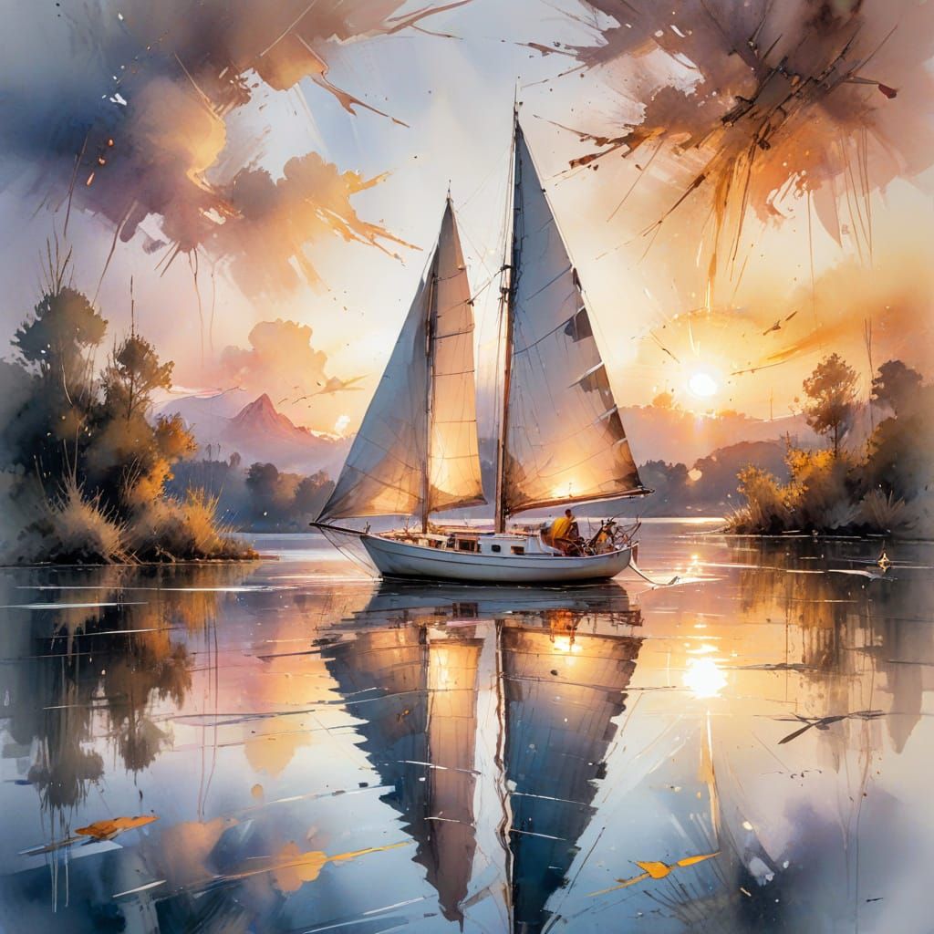 Lake Sailing Boat in Watercolour Sunset Scene