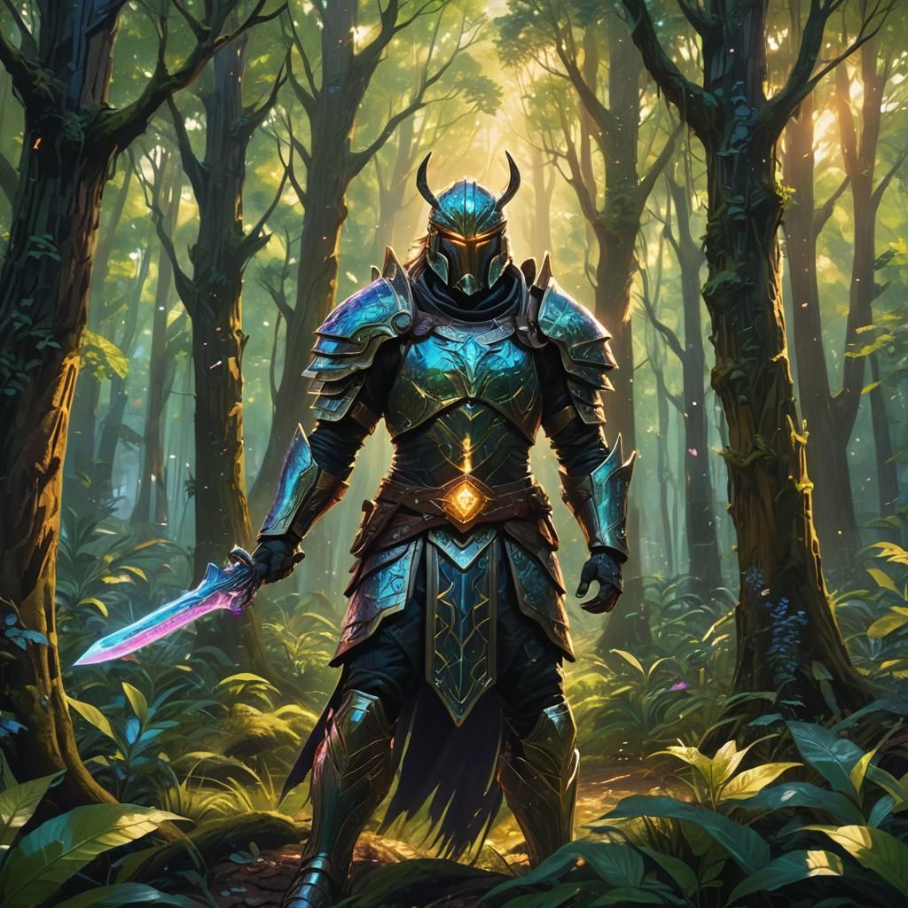 Mystical Warrior in Ethereal Forest: Fantasy Concept Art