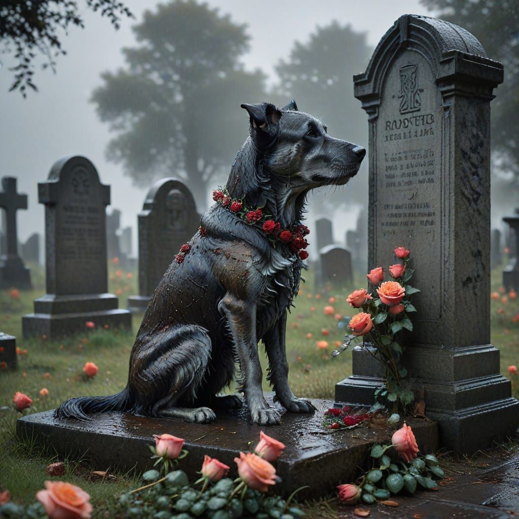 Loyal Dog Mourns at Gravestone in Rainy Gloom