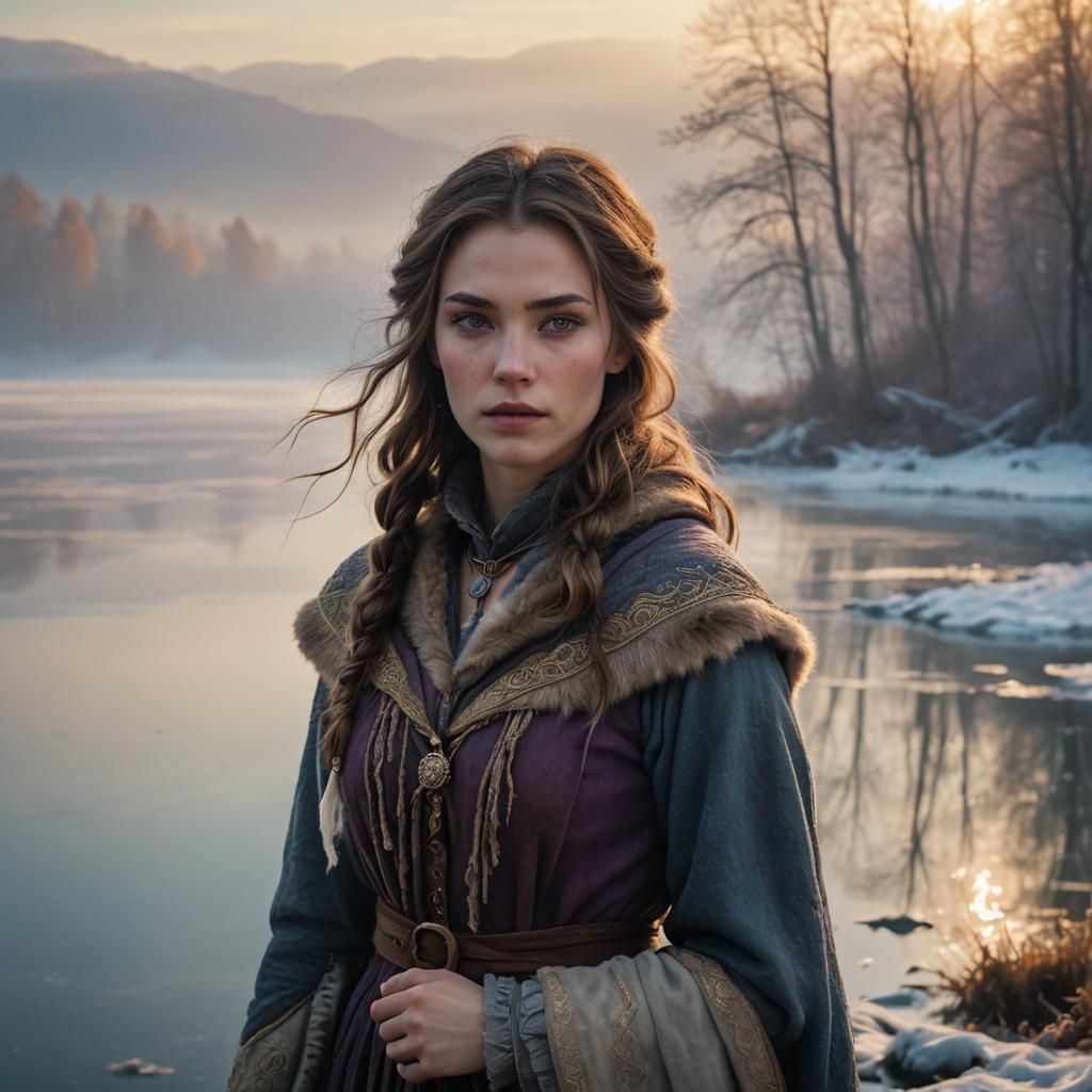 Frozen Lake: Medieval Woman in Golden Light