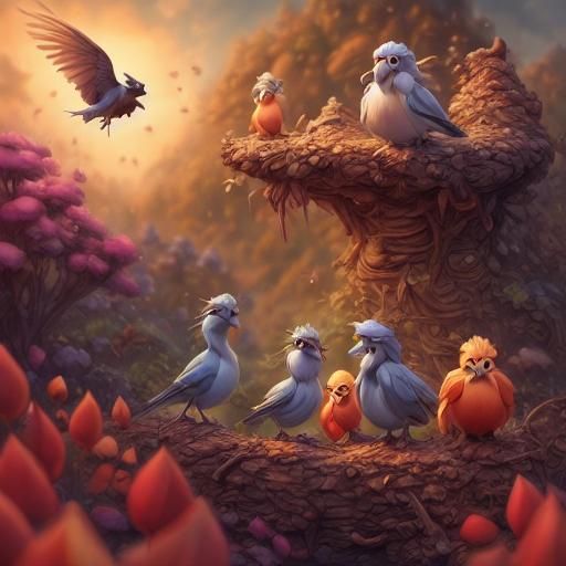 Birds in Nests: 3D Digital Art in Pixar Style