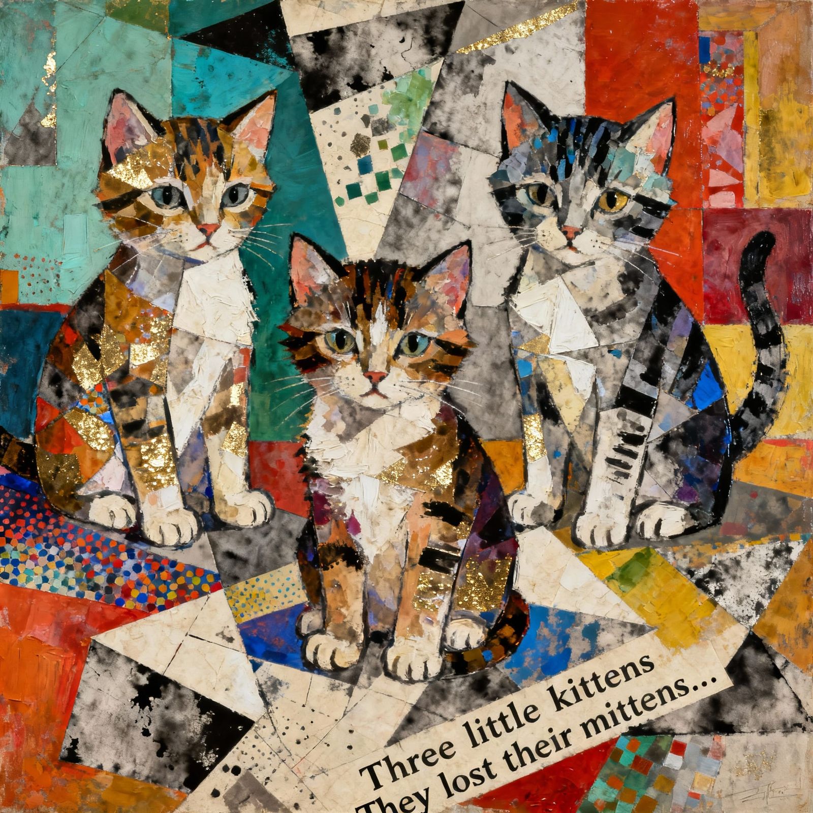 Three Kittens Lose Mittens In Expressive Mixed Media Art