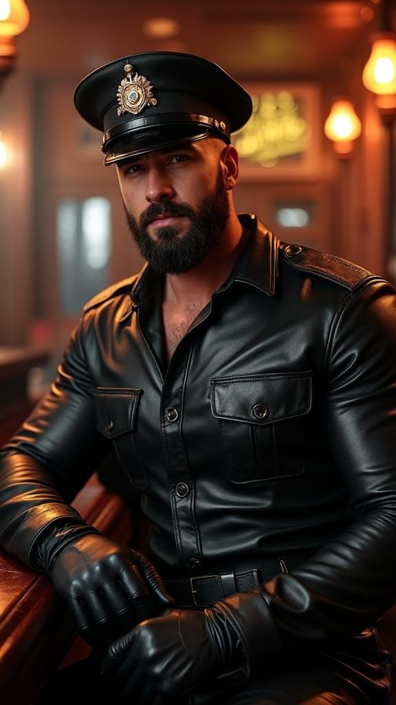 Towering Leather Cop at Noir Bar: Hyperrealistic Render