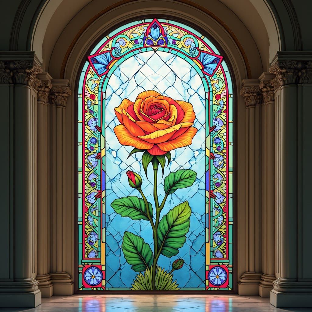 Surreal Stained Glass Gateway in Soft Blue and Vibrant Color...