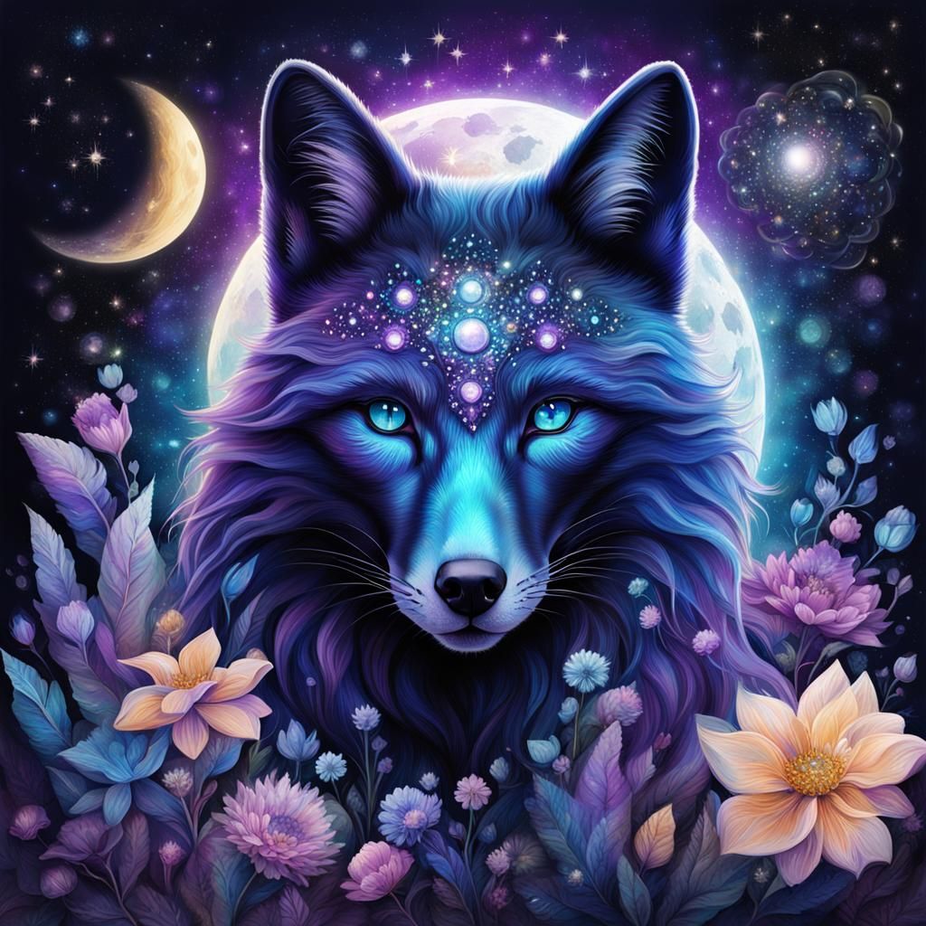 Mystic Fox in Cosmic Night Sky