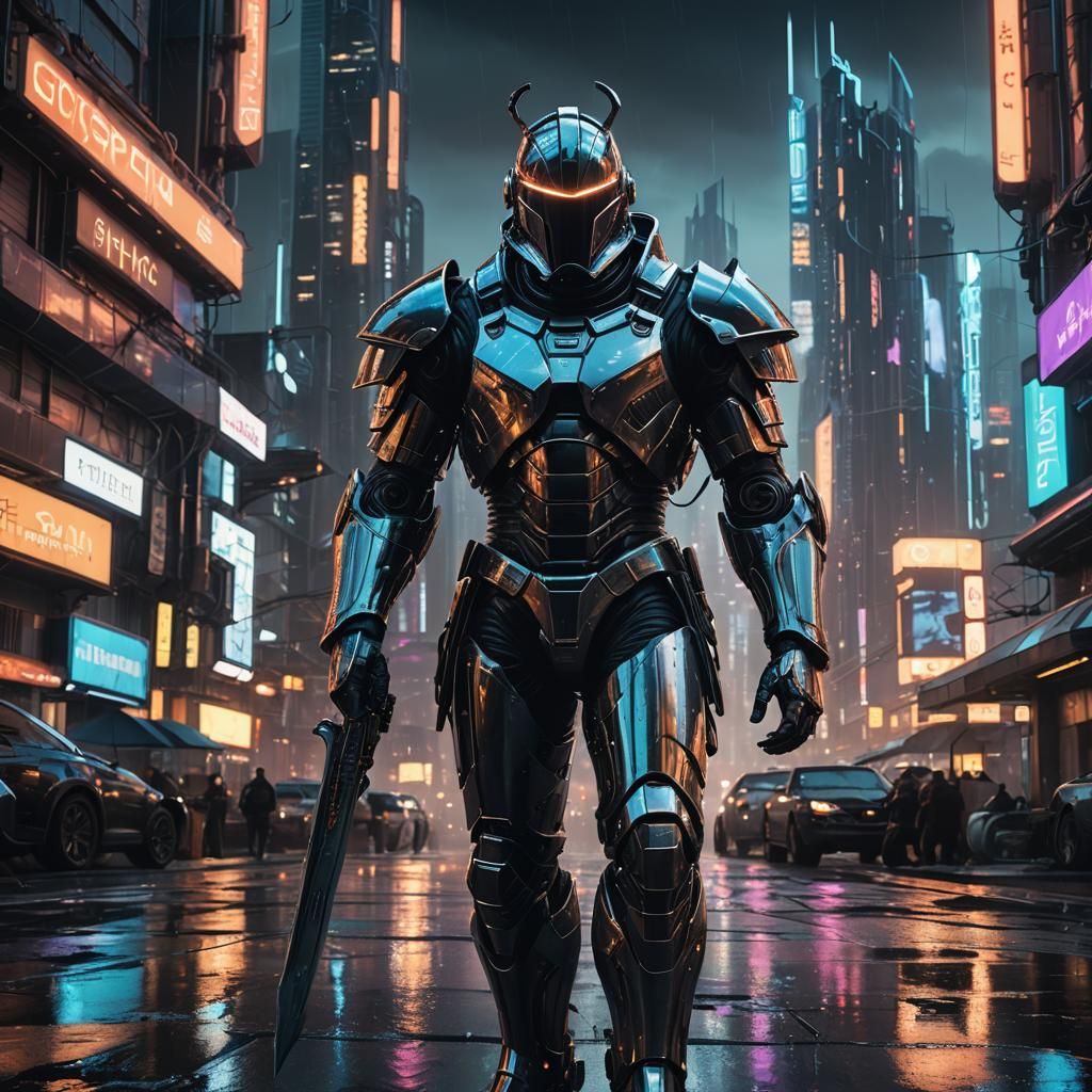 Futuristic Knight in High-Tech Cityscape, Sci-Fi Art