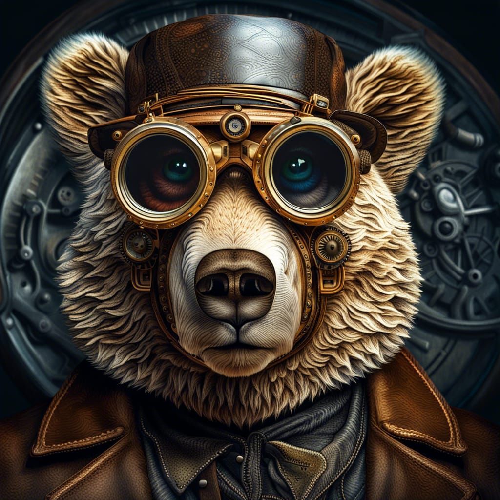 Steampunk Grizzly Bear Portrait in Van Gogh Style