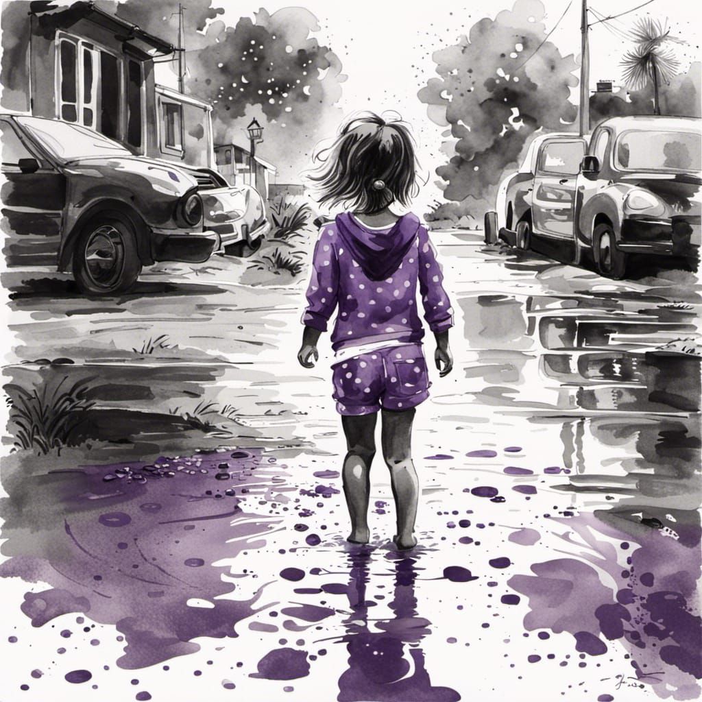 Child Plays in Puddle: Black and White Watercolor