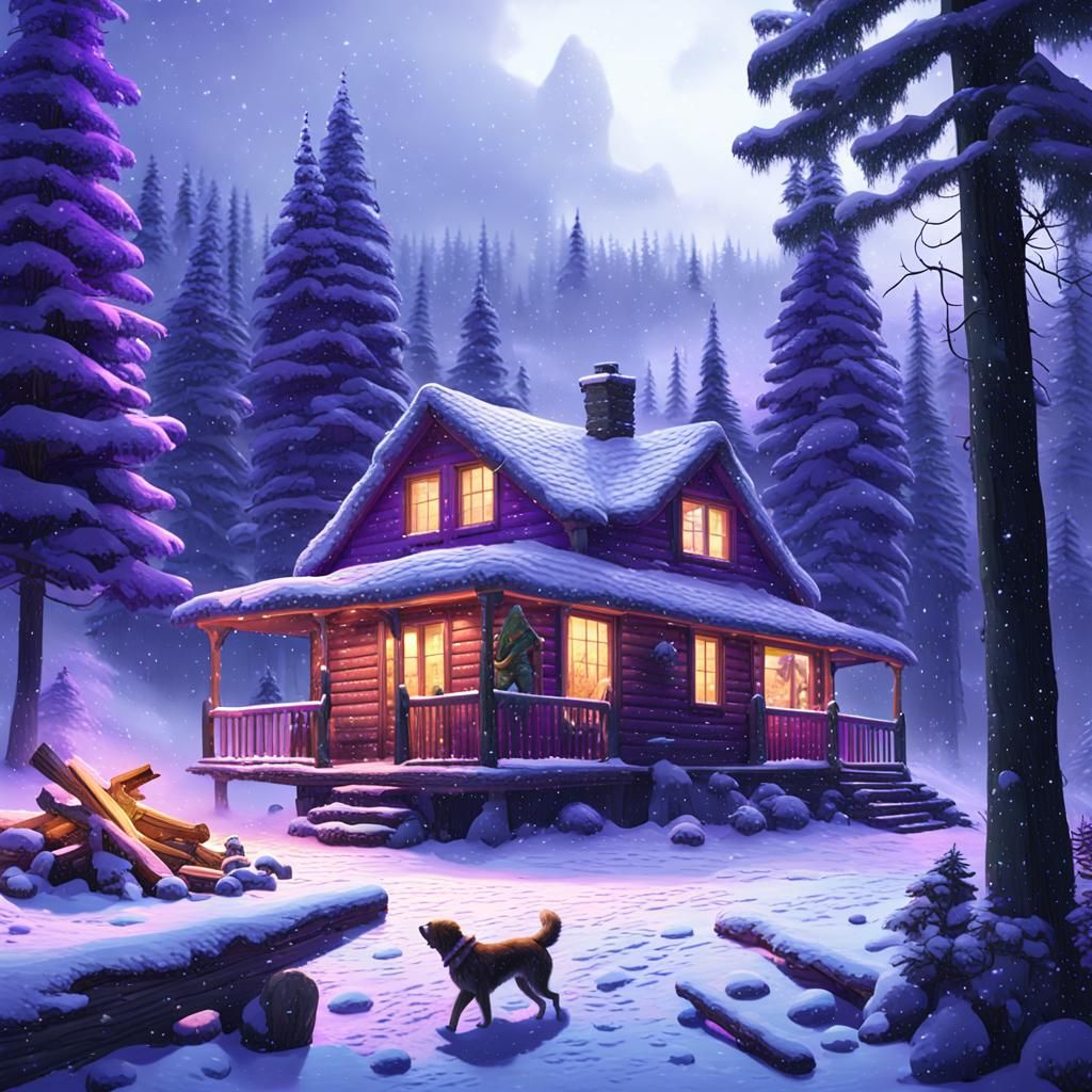 Winter Cabin Scene with Angel, Detailed Matte Painting