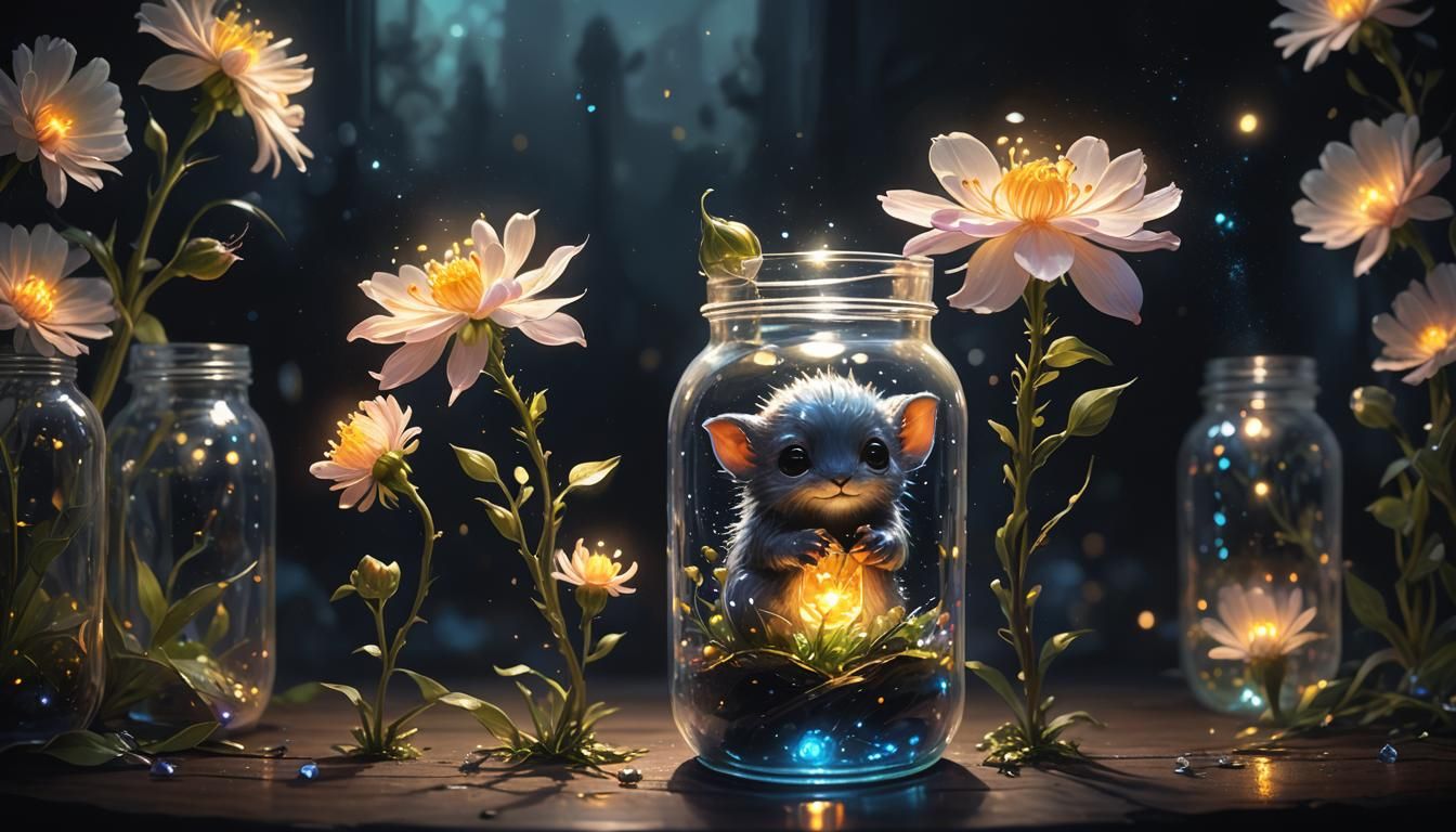 Magical Creature in Jar with Glowing Flower