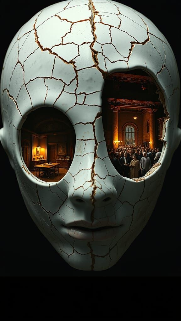 Cracked Mask Portrait Reveals Miniature Worlds